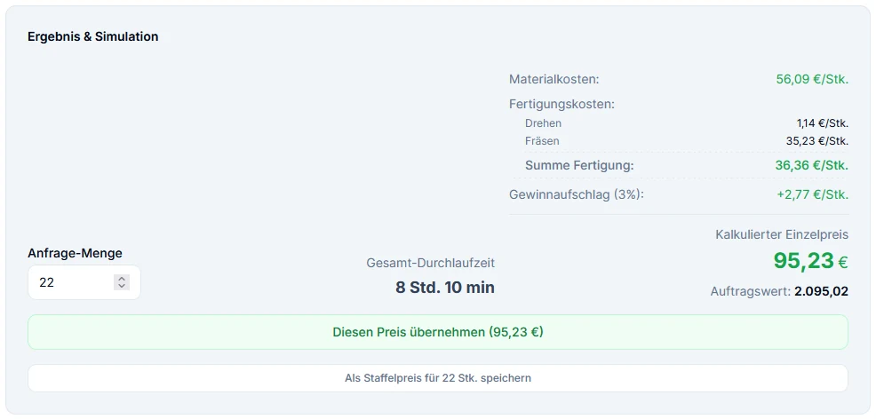 Kalkulation in DIGIFULL mit Material- und Fertigungskosten